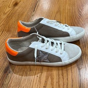 Vintage Havana Snakeskin, Cowhide, and Bright Orange Sneakers